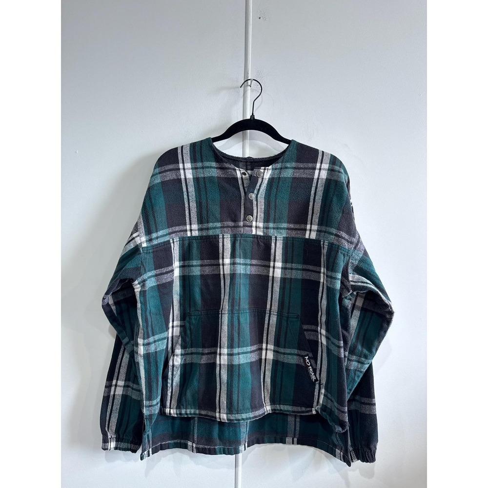 VTG No Fear Sweatshirt Mens XL‎ Green Plaid Flannel Henley Kangaroo Pocket